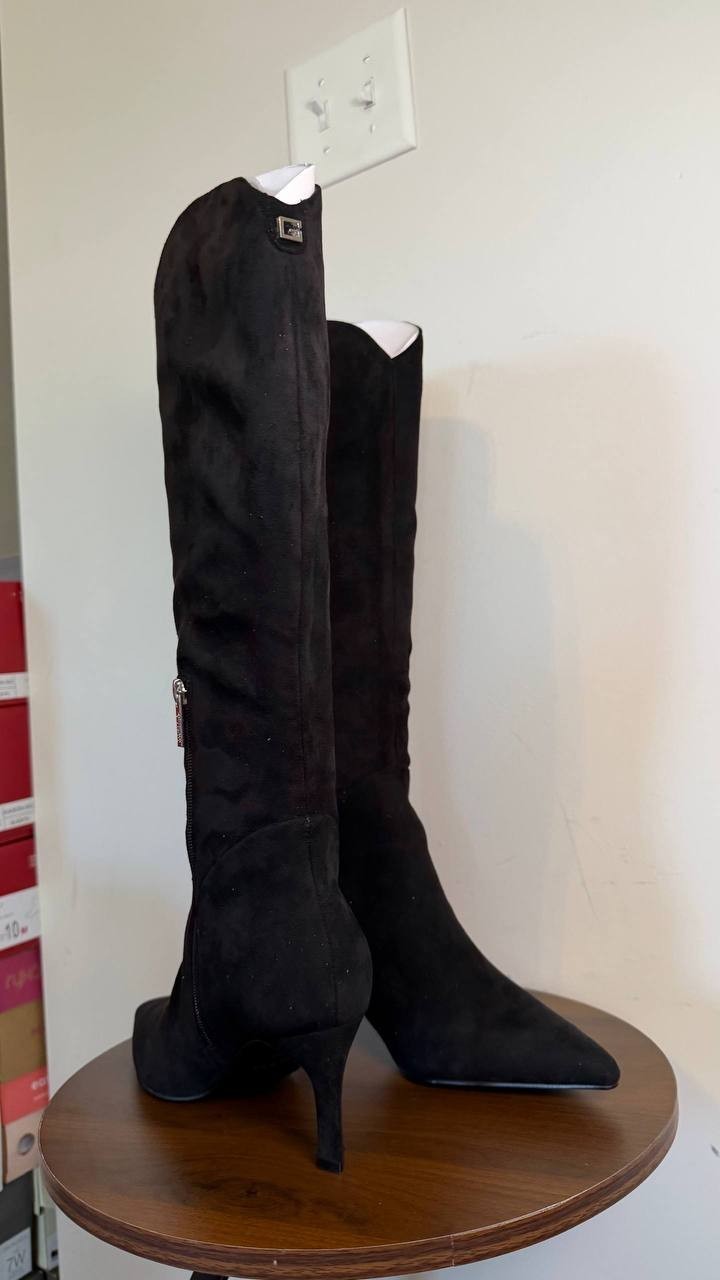 GUESS Palisa Wide Calf Tall Kitten Heel Boots Black 7M Suede $179 NWB