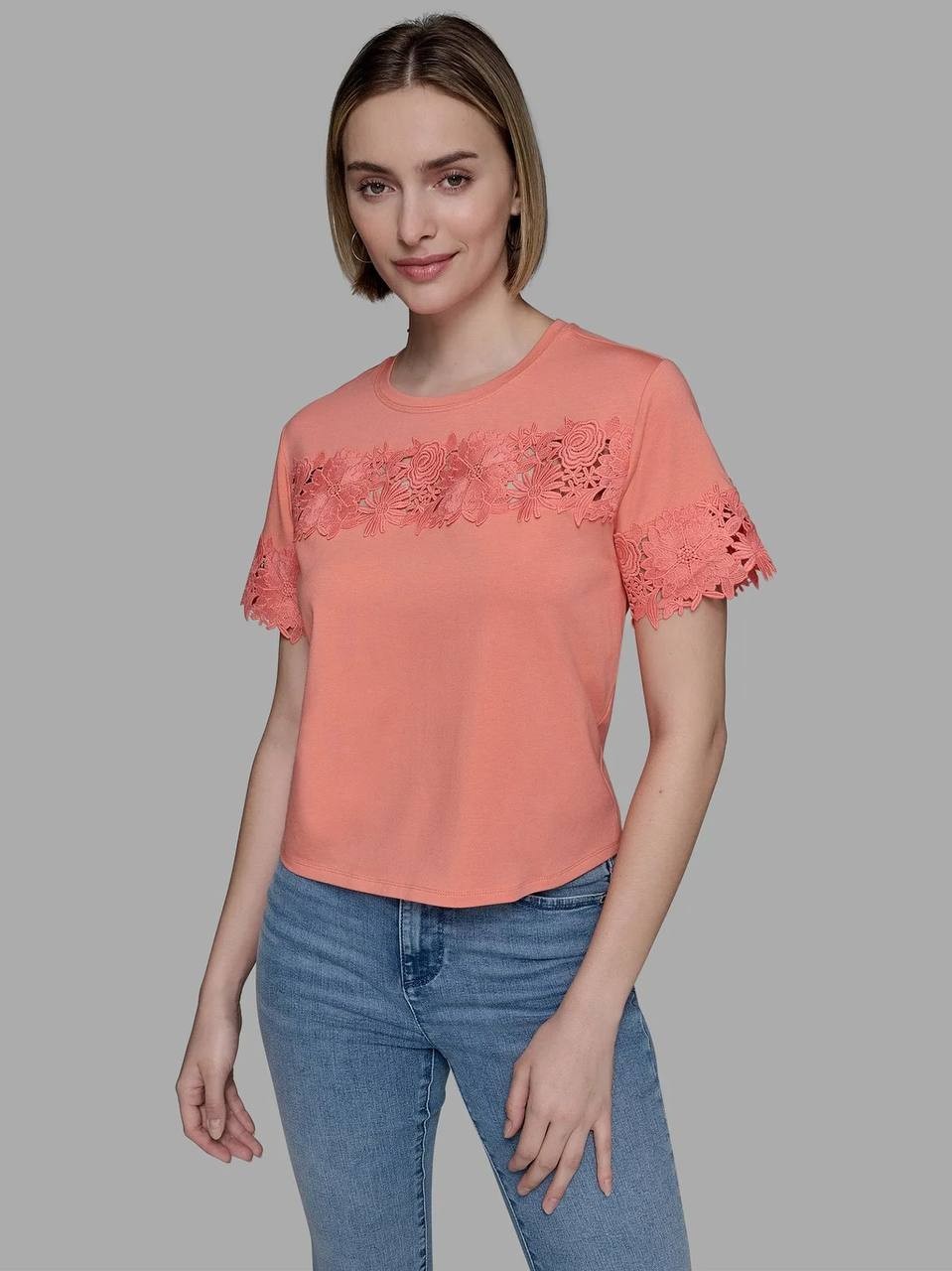Karl Lagerfeld Lace‑Trim Knit Top Orange XS NWOT $99