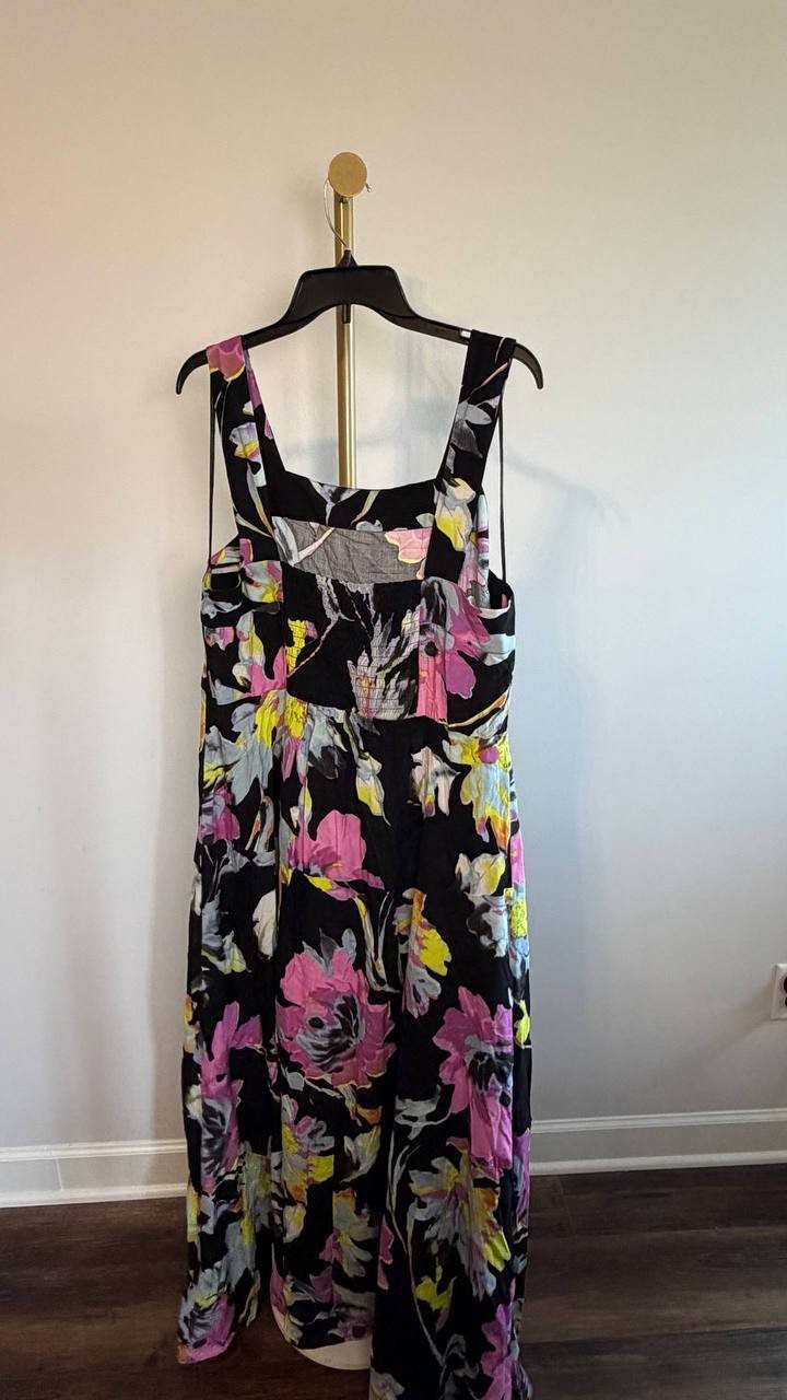Vince Camuto Plus Floral Square‑Neck Smocked‑Back Maxi Dress Black 1X NWOT $79