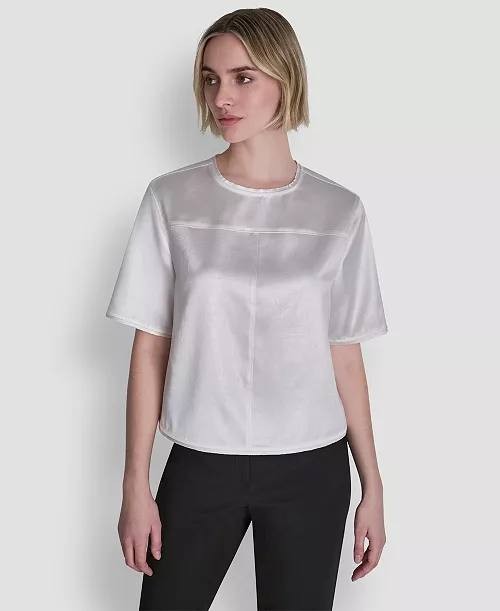 DKNY Crackle Woven Crewneck Short Sleeve Blouse Ivory XL NWT $79