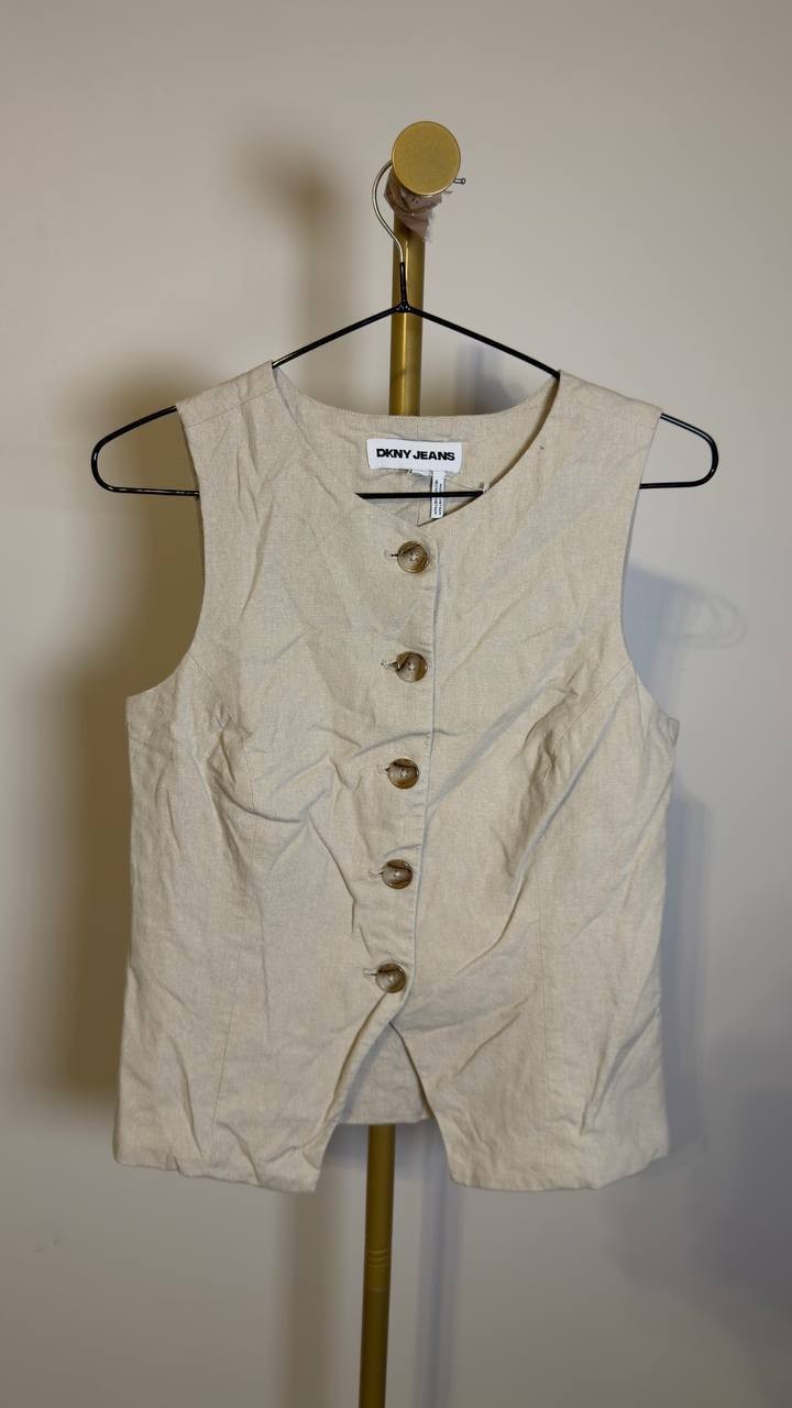 DKNY Jeans Linen‑Blend Crewneck Button‑Front Vest Pebble S NWOT $79