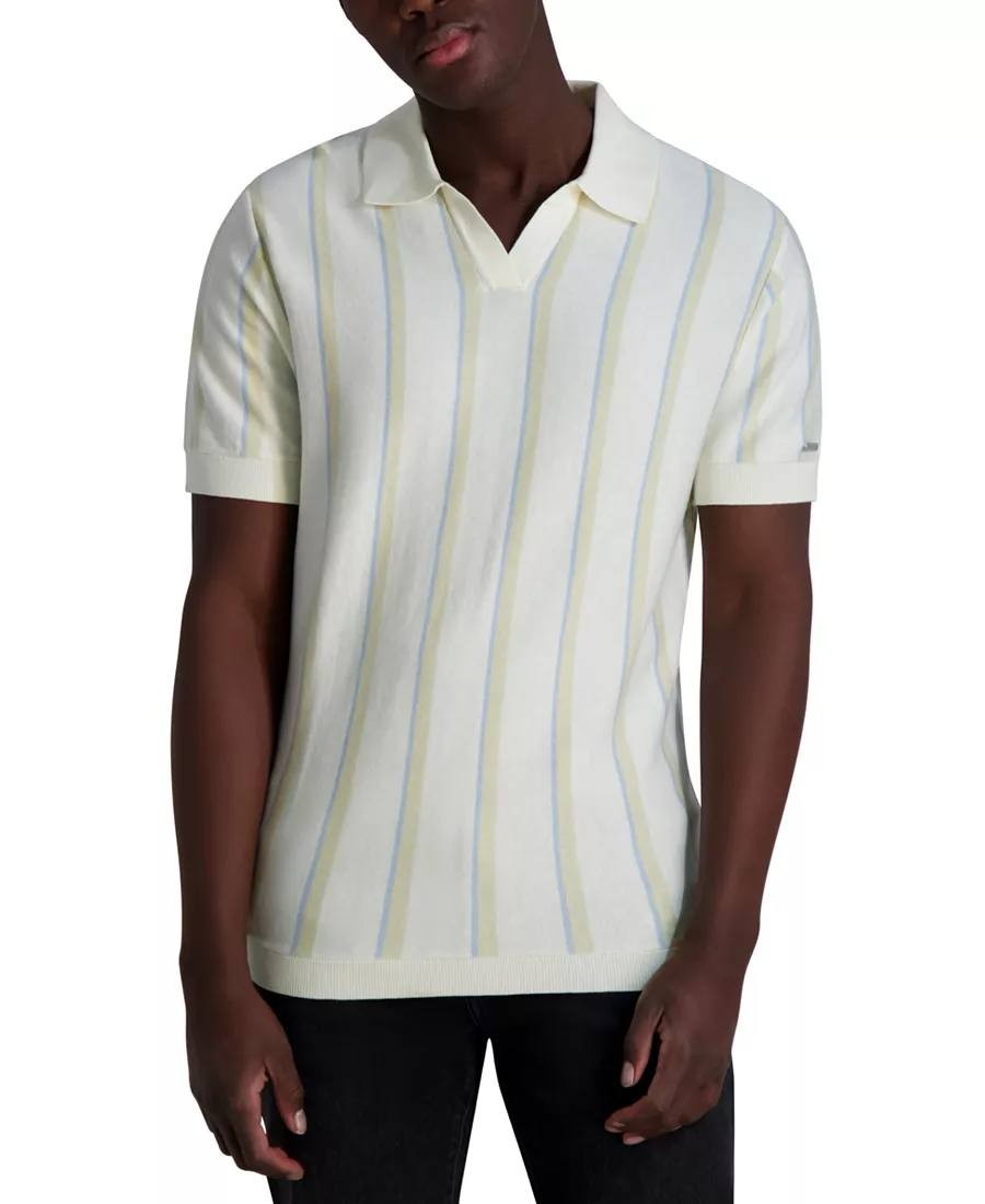 Karl Lagerfeld Paris Johnny‑Collar Stripe Polo Shirt White Striped NWT MSRP$119