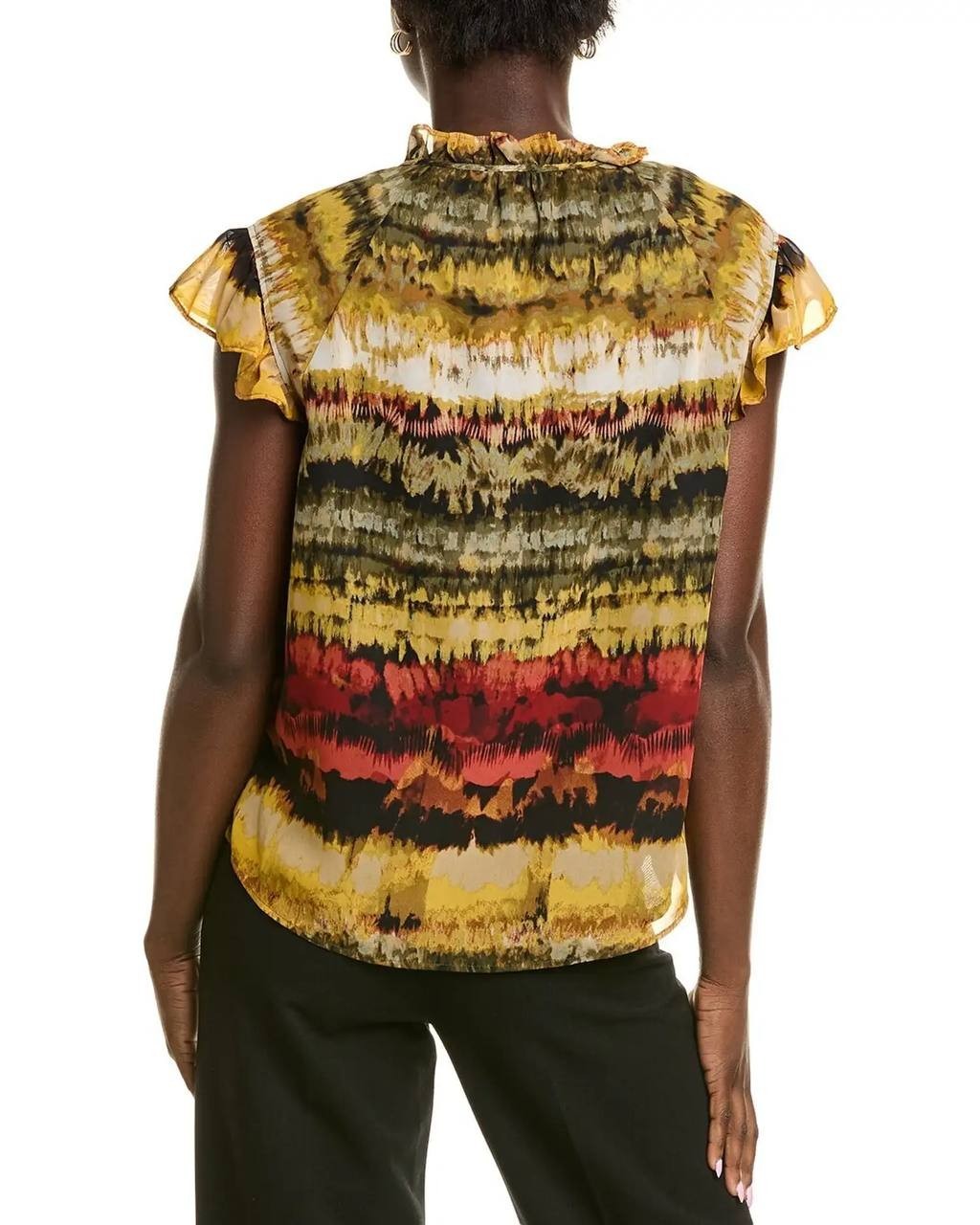 Anne Klein Printed Ruffled Neck Flutter Sleeve Chiffon Top Multi M NWT $79