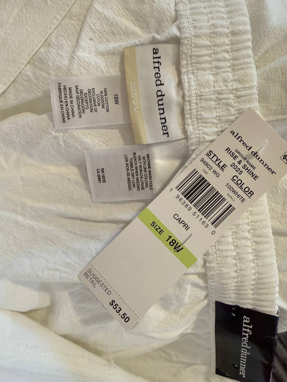 Alfred Dunner Rise & Shine Dot Lace‑Trim Capri Pants – White – 18W – NWT – $53