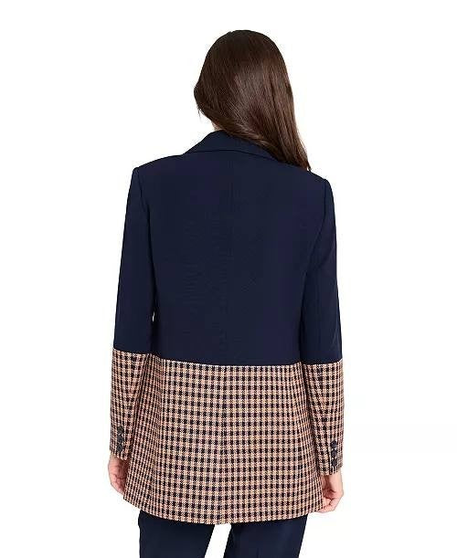 Tahari ASL Women’s Petite Houndstooth Color Block Jacket Navy 24W $159 NWOT
