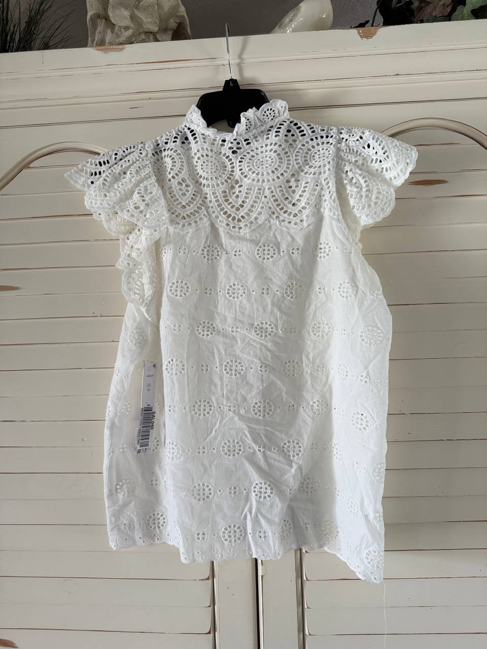 Aqua White Anglaise Top XS Cotton Embroidered Romantic Boho Minor Flaw