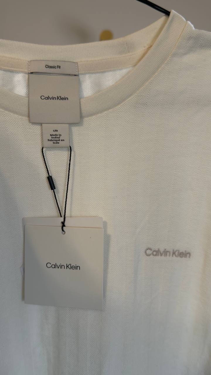 Calvin Klein Vertical Stripe Textured Crewneck T‑Shirt Tofu L NWT $59