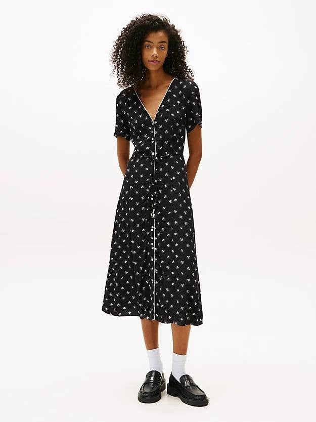 Tommy Hilfiger Floral V-Neck Slim Midi Dress Black Size L/G NWT MSRP $110
