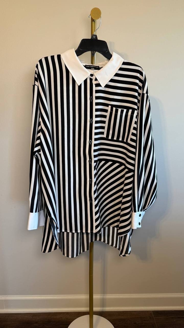 Karl Lagerfeld Paris Plus Striped Button‑Front Shirt Black/White 2X NWT $109