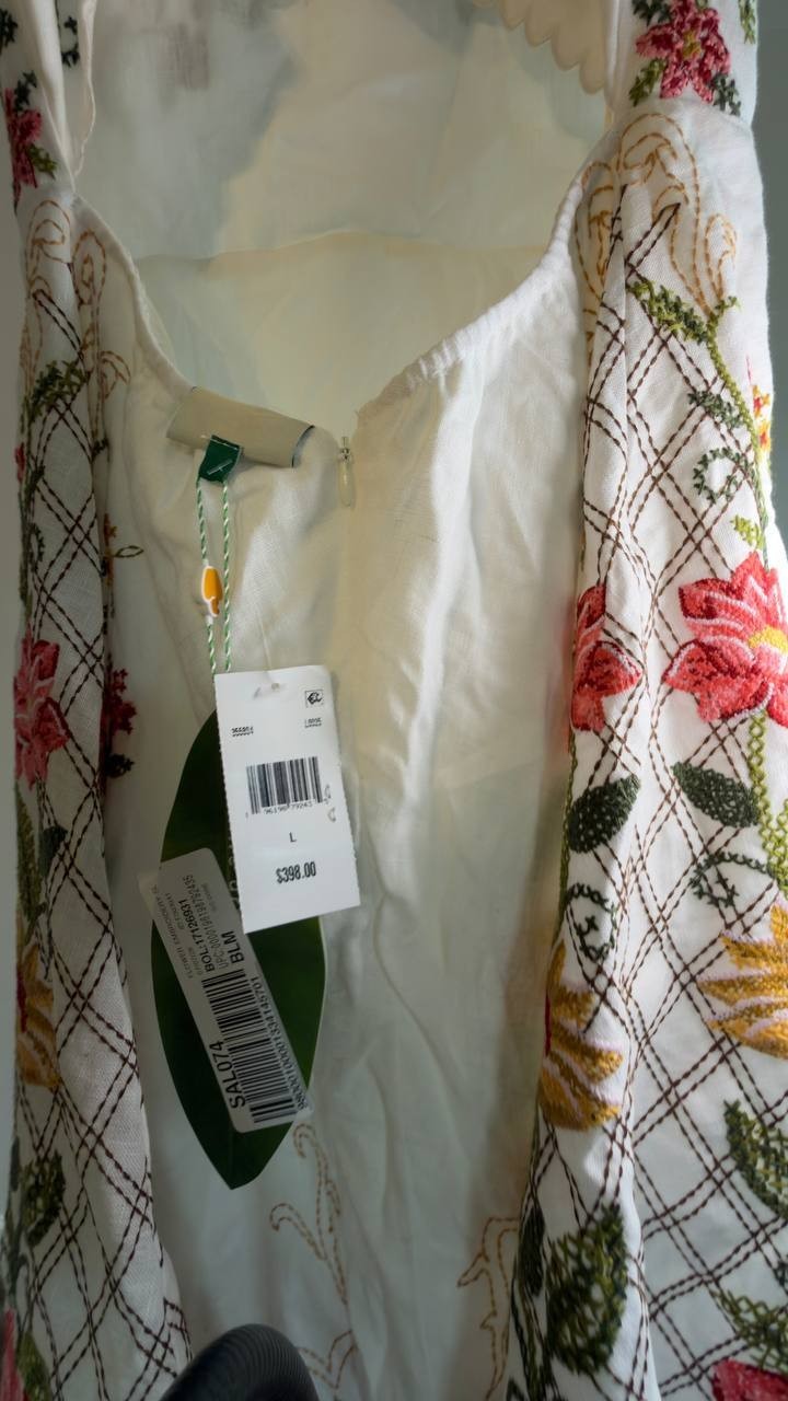 FARM Rio Off‑White Flower Embroidery Asymmetric Hem Midi Dress L NWT