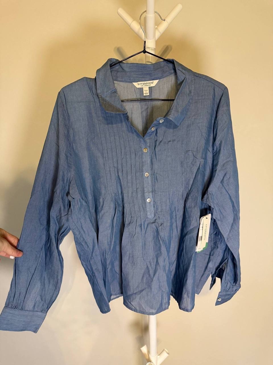 Liverpool Pintuck Pleat Woven Long‑Sleeve Shirt – PL – Bridgeton Light –NWT– $89