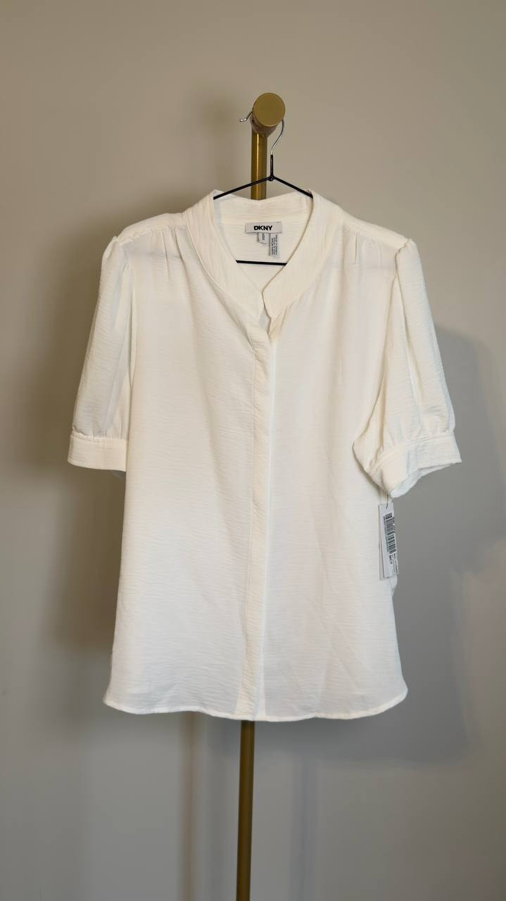 DKNY Bell-Sleeve Mandarin Collar Textured Blouse Ivory XL NWT $59