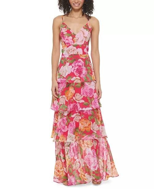 Eliza J Floral Tiered Gown – Size 2 – NWT – V-Neck Sleeveless Multicolor Chiffon