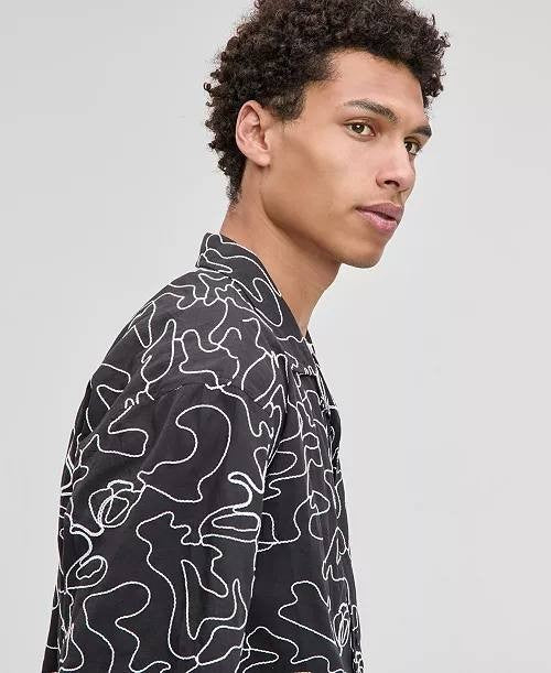 Mode of One Men’s Relaxed‑Fit Embroidered Poplin Camp Shirt Black S NWT