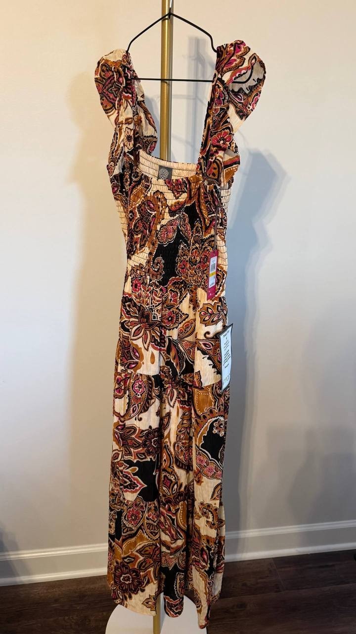 Vince Camuto Paisley Tiered Midi Sundress Brown Mult M $108 NWT