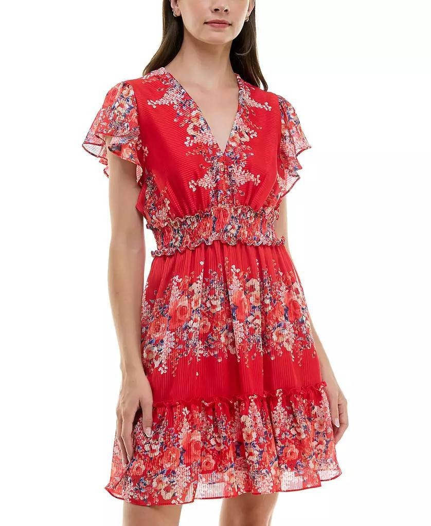 Taylor Printed Flutter-Sleeve Fit Flare Dress Flame Denim 14 Pre-Owned