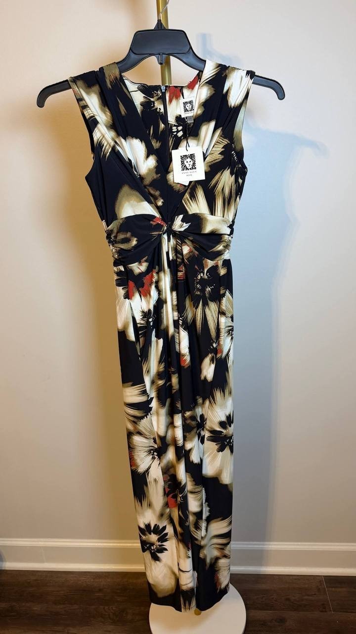 Anne Klein Petite Printed Twist-Front Maxi Dress Black Multi PXS NWT $119