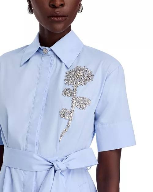 T Tahari Rose Appliqué Cotton Dress LightBlue Size-L Button-Front Tie Waist