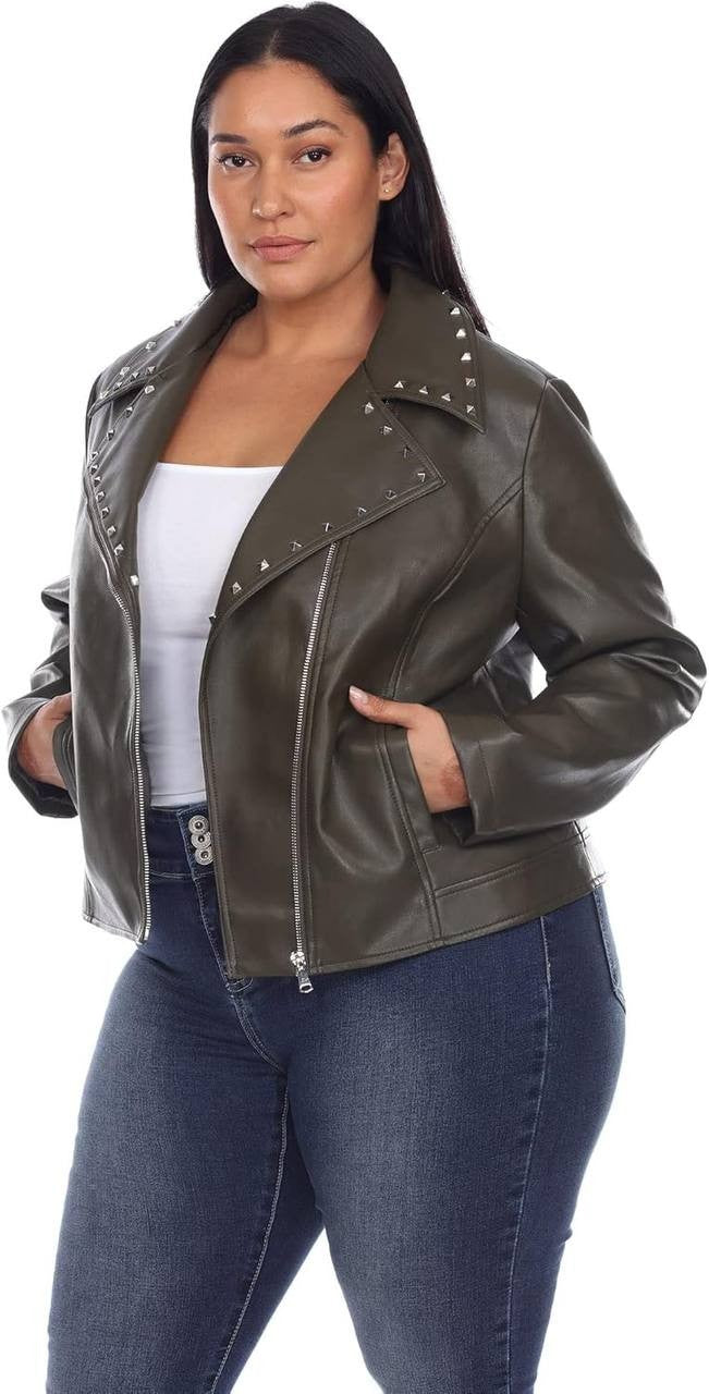 White Mark Women’s Studded Faux Leather Jacket, Size 1X, Color Olive, NWT