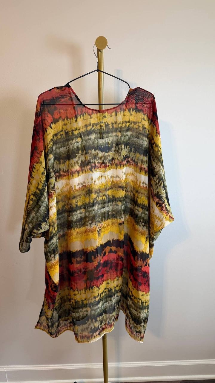 Anne Klein Tie-Dyed Tie-Neck Kimono Red/Yellow 1SZ NWT $89
