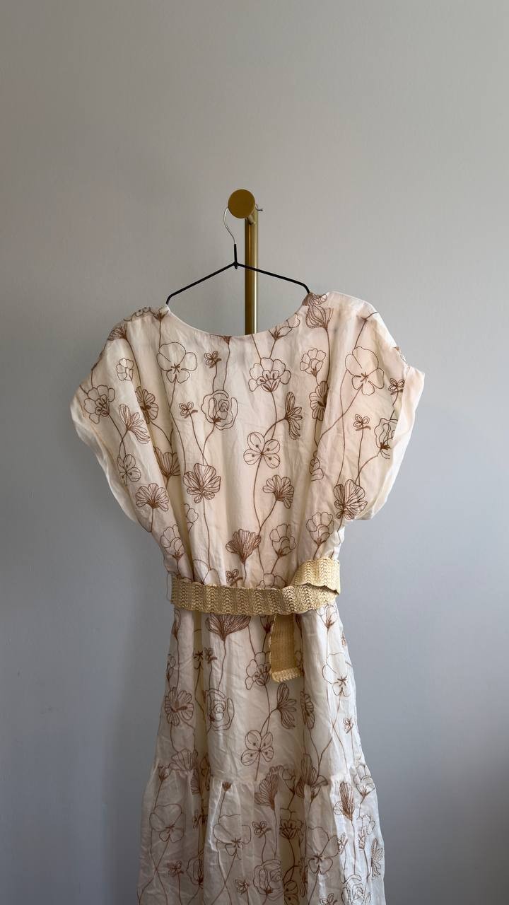 Taylor Embroidered V‑Neck Belted Dress Vanilla Walnut 14 NWT $149
