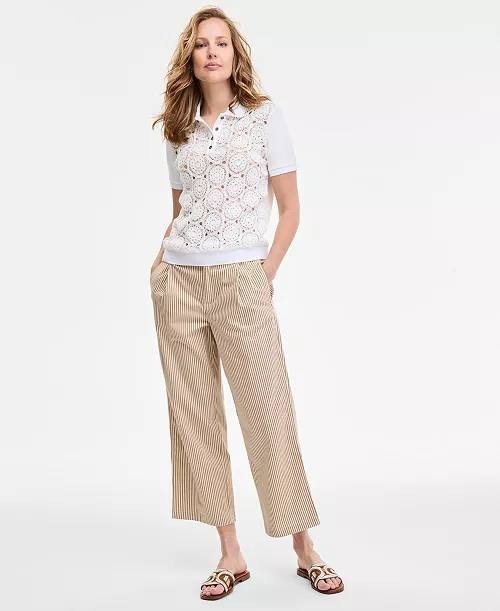 Tommy Hilfiger Lace‑Front Short‑Sleeve Cotton Top White M NWT $79.50