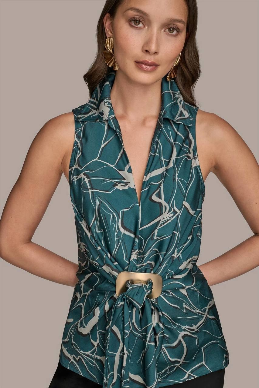 Donna Karan  Geometric Faux Wrap Sleeveless Top Green Multi 4 NWOT $109