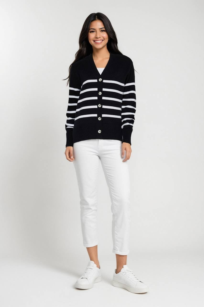 Three Dots Women’s Mackenzie Knit Button Cardigan Black Stripe M $98 NWT