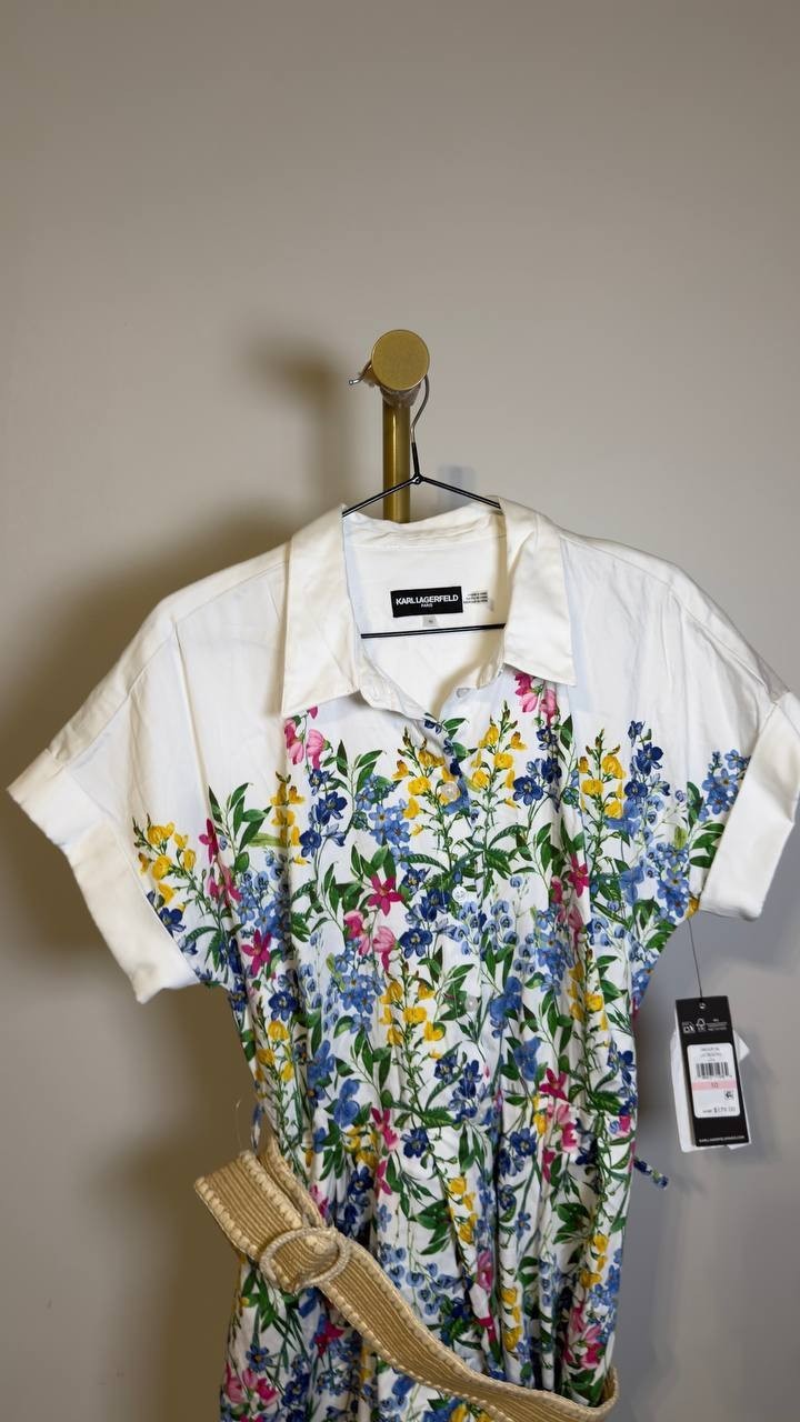 Karl Lagerfeld Paris Placed Floral Print Belted Midi Shirtdress White 10 NWT $50