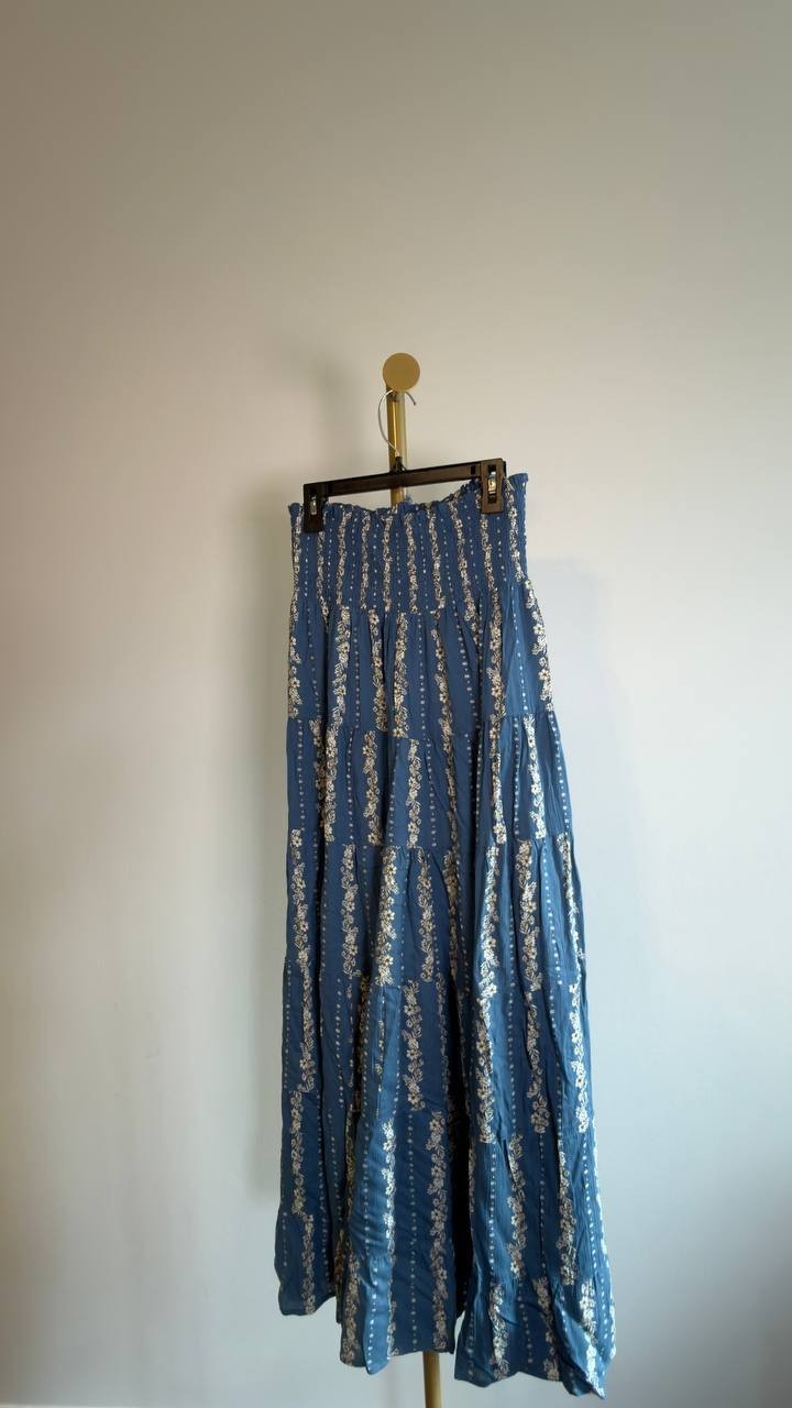 Nostalgia Smocked Waist Tiered Maxi Skirt Blue M NWT $56