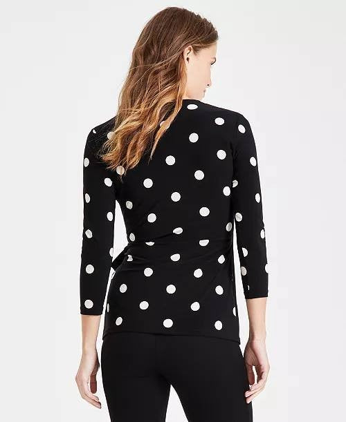 Anne Klein Women’s Printed Tie‑Waist Surplice Top Black/White Dot M NWOT $69
