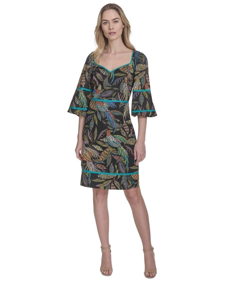 Vince Camuto Puff Sleeve Cotton Poplin Dress Black Multi 8 NWT $138