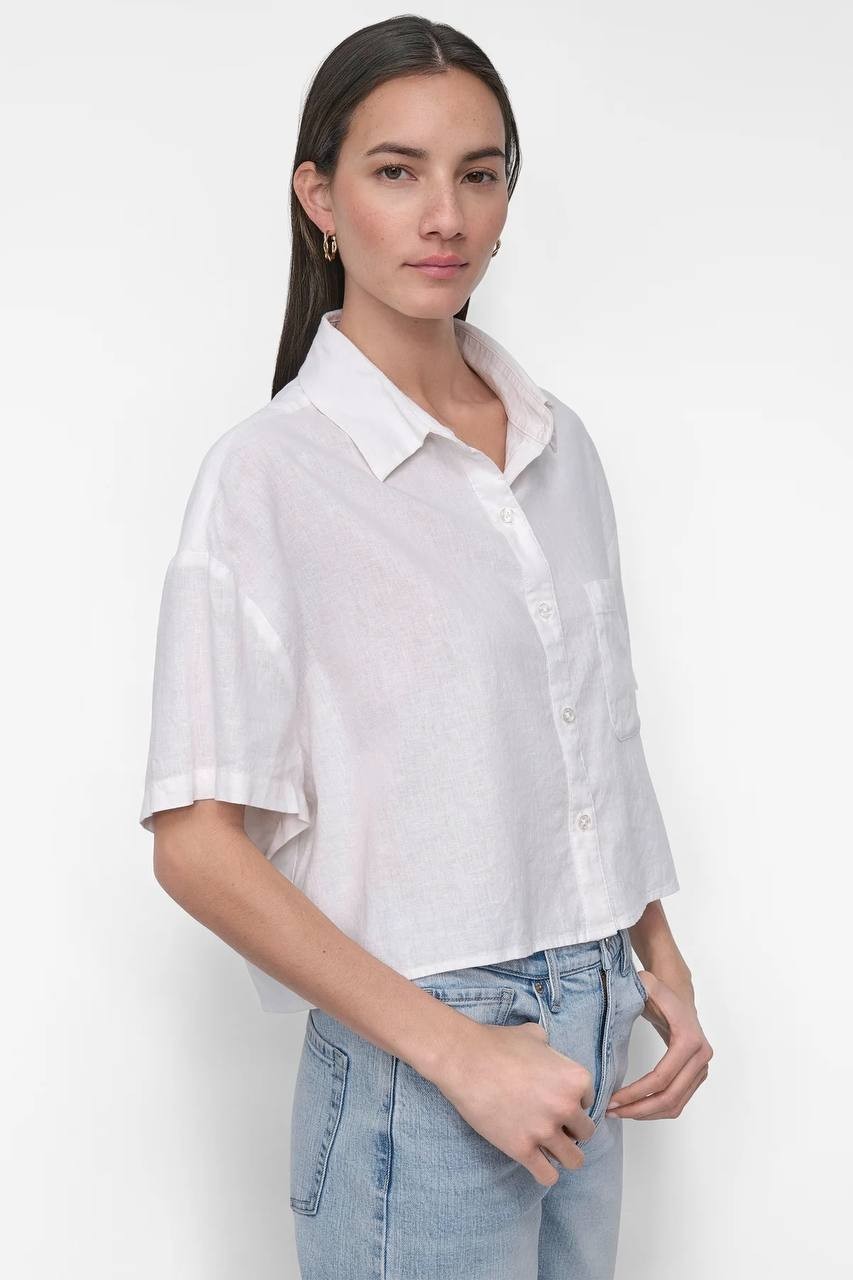DKNY White Cropped Short-Sleeve Button-Up Shirt – Size L – NWT