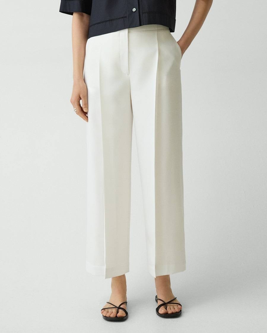 Theory Deep Pleat City Twill Wide‑Leg Pant 0 Ivory NWT $245