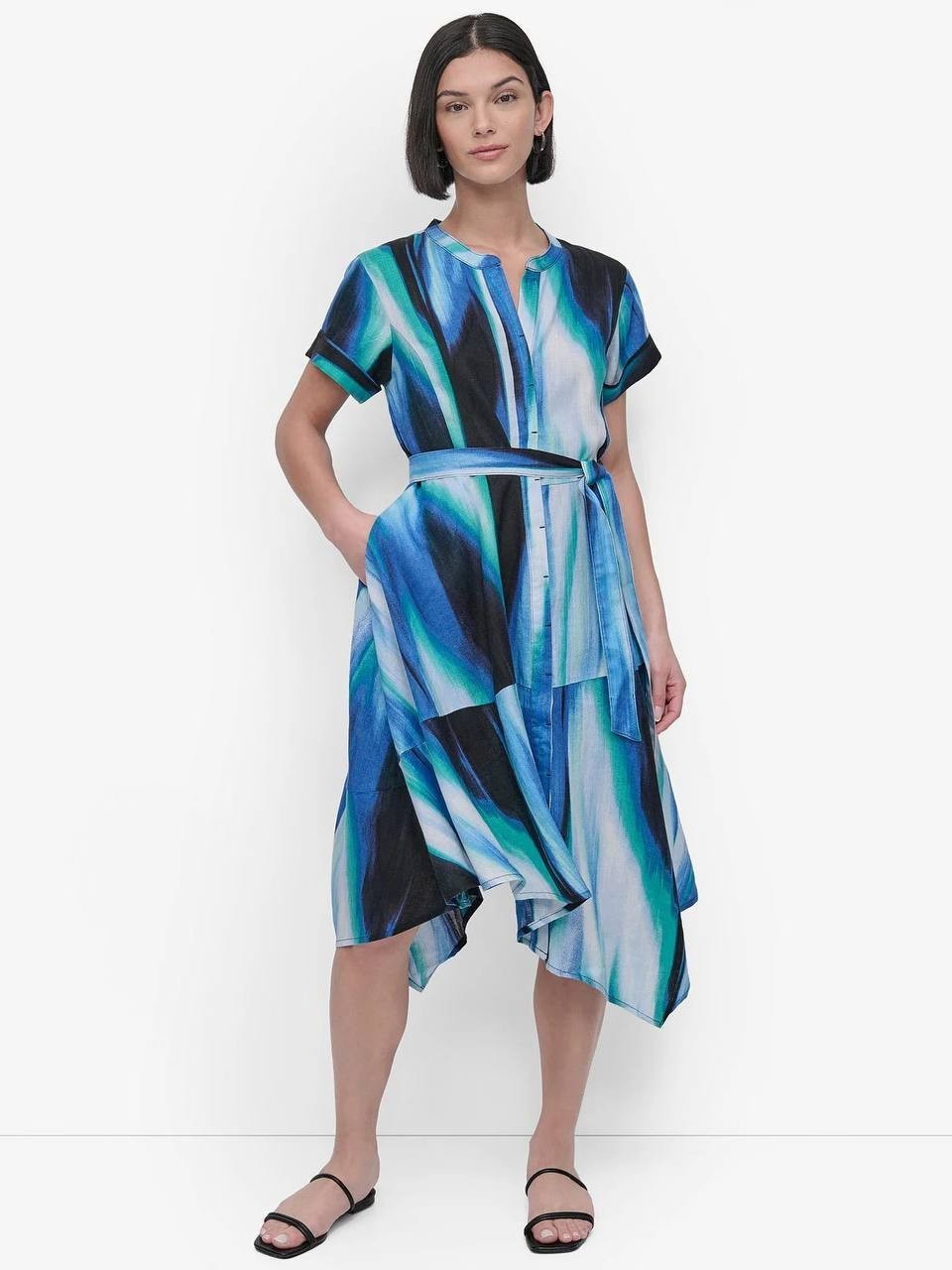 DKNY Printed Linen Short‑Sleeve Wrap Dress Caribbean Multi 12 NWT $159
