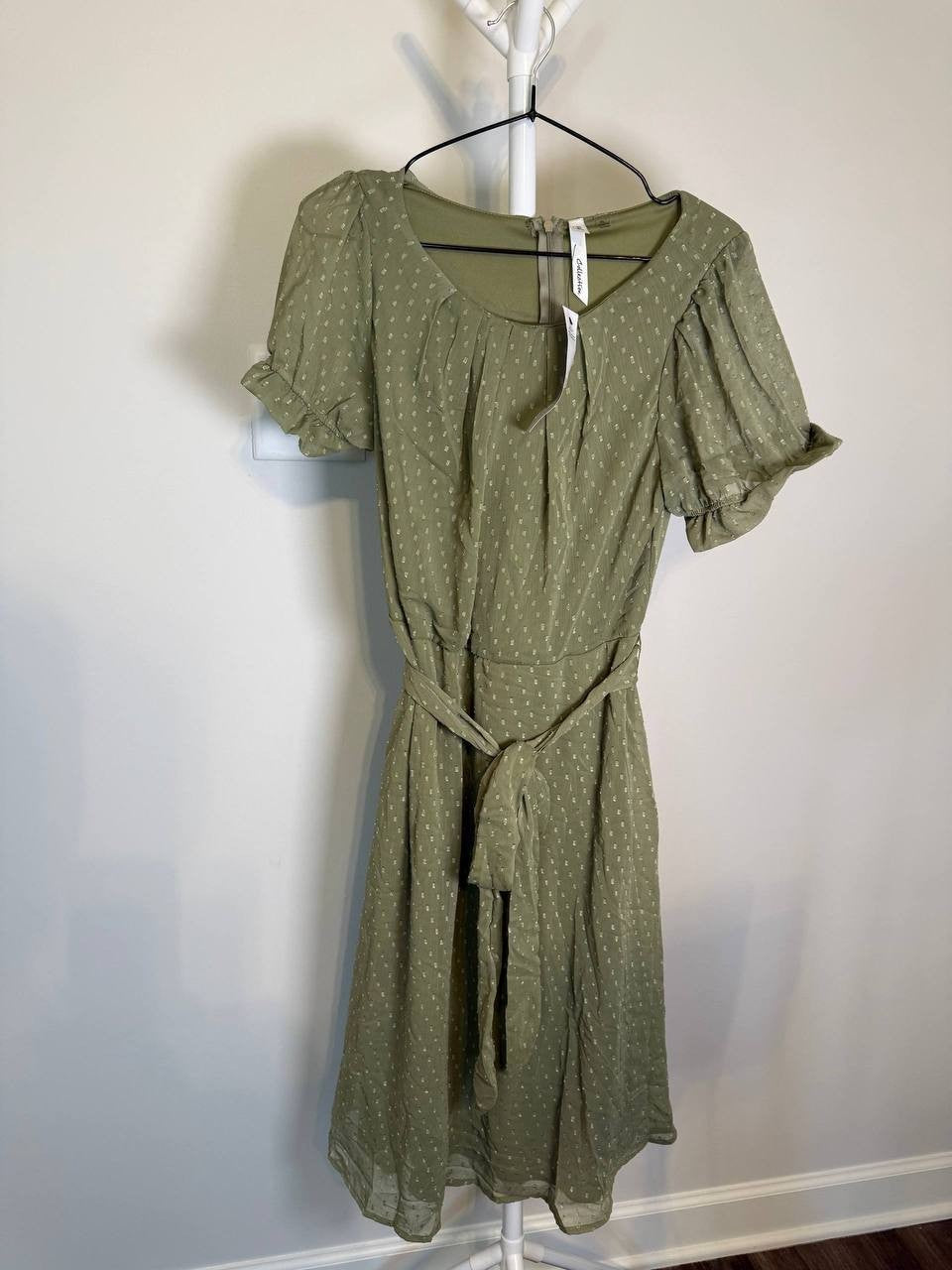 NY Collection Petite Short Sleeve Belted Swiss Dot Dress – Olive– Size PL – NWT