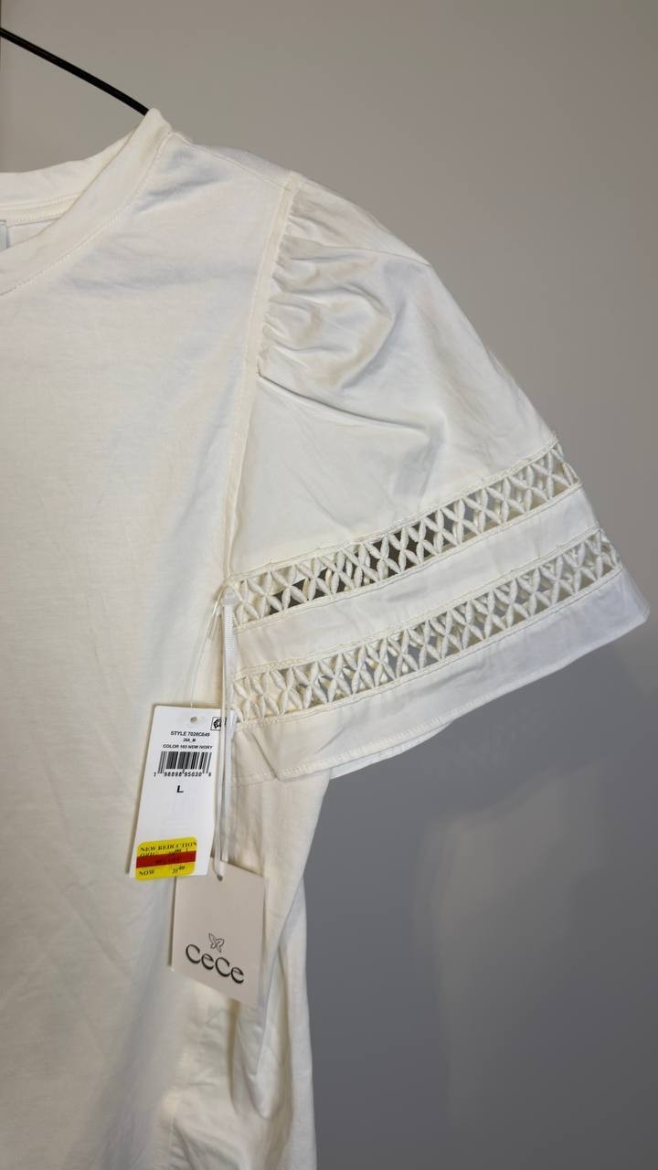 CeCe Combo Trim-Sleeve Crew Neck Top New Ivory L NWT $59