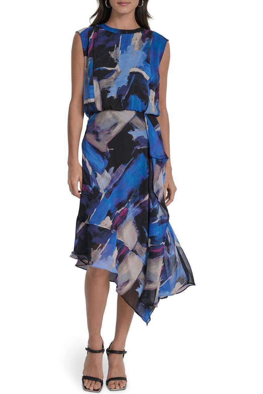 DKNY Printed Blouson Asymmetric‑Hem Dress Blue Brush Stroke 4 NWT $129