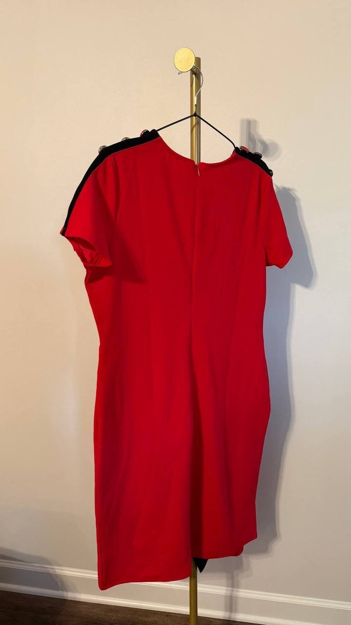 NY Collection Petite Asymmetrical Hem Dress Fire Red Black PXL $52 NWT