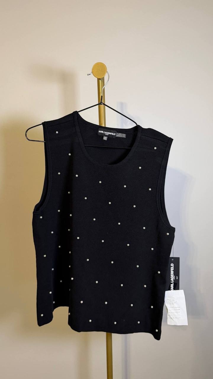Karl Lagerfeld Paris Faux‑Pearl Sleeveless Sweater Top Black XL $79 NWT