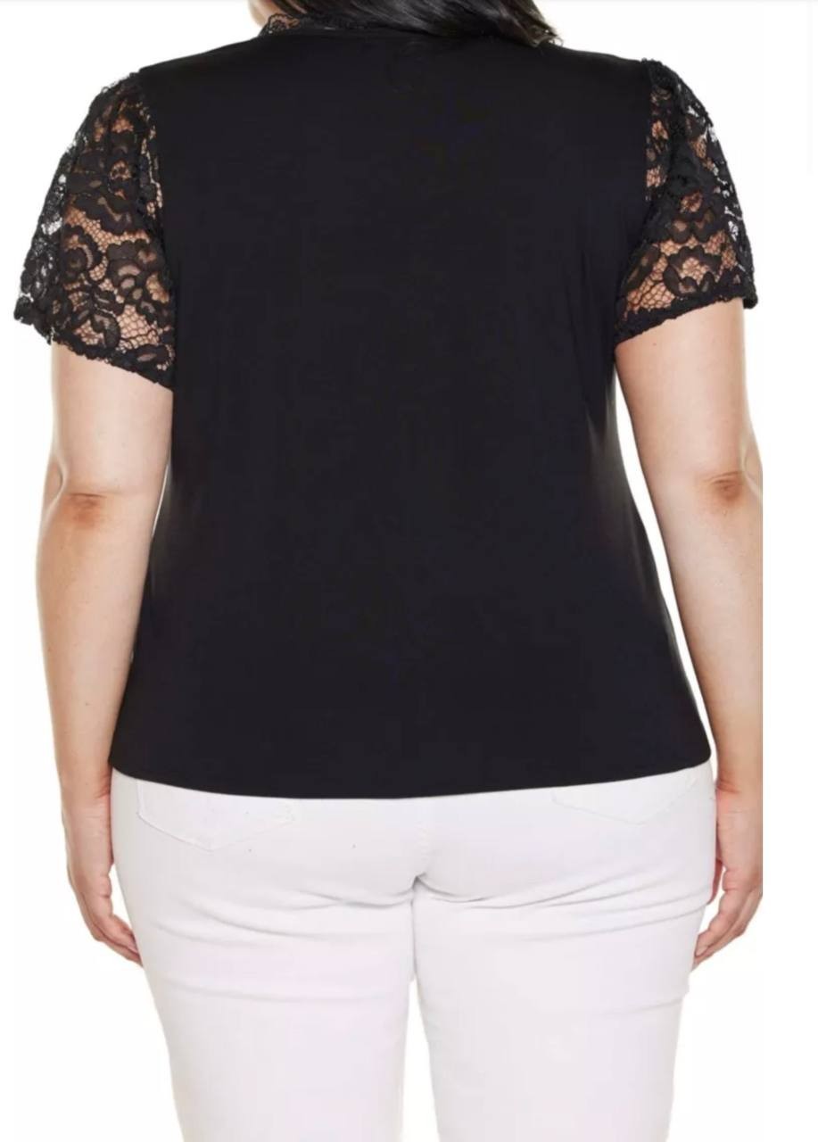 Belldini Plus Size Crochet Lace Sleeve V‑Neck Top Black 1X NWT $59