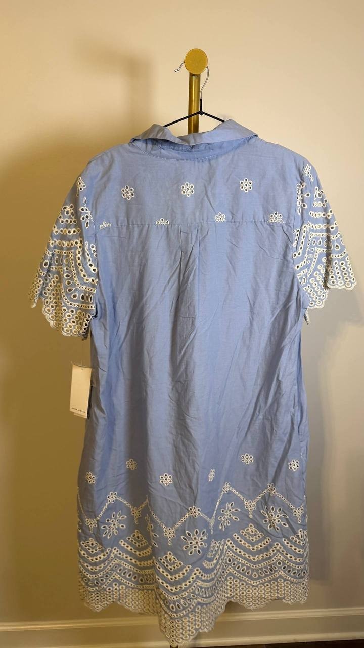 Julia Jordan Women’s Short‑Sleeve Cotton Eyelet Shirt Dress Blue Ivory L $129 NW