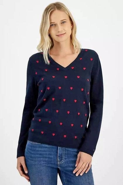 Tommy Hilfiger Cotton Heart V-Neck Sweater Navy S NWT $69.50