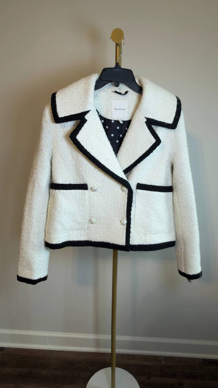 Avec Les Filles Tweed Double‑Breasted Tipped Jacket Cream M NWOT $169