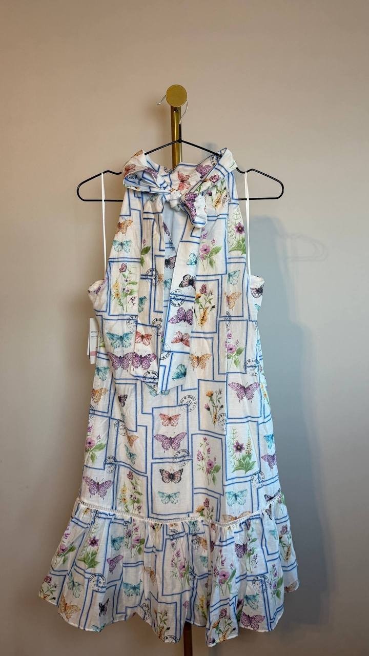 Taylor Mock‑Neck Butterfly‑Print Ruffled‑Hem Dress White Multi 10 NWT $70