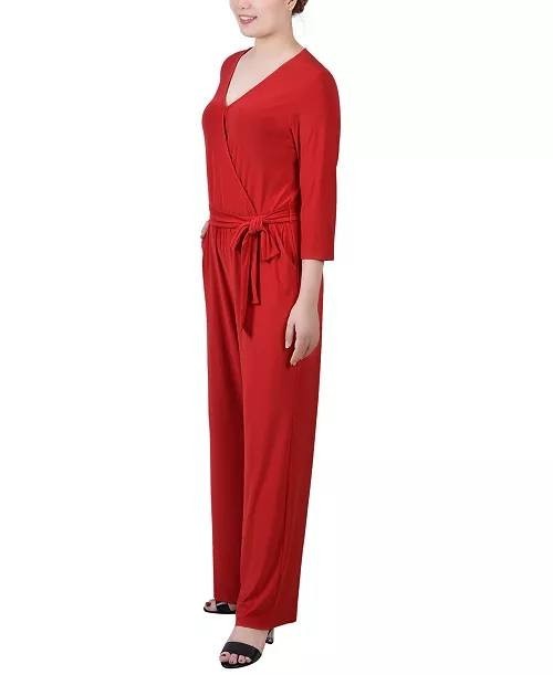 NY Collection Women’s 3/4 Sleeve Belted Jumpsuit Barbados Red PM $66 NWT