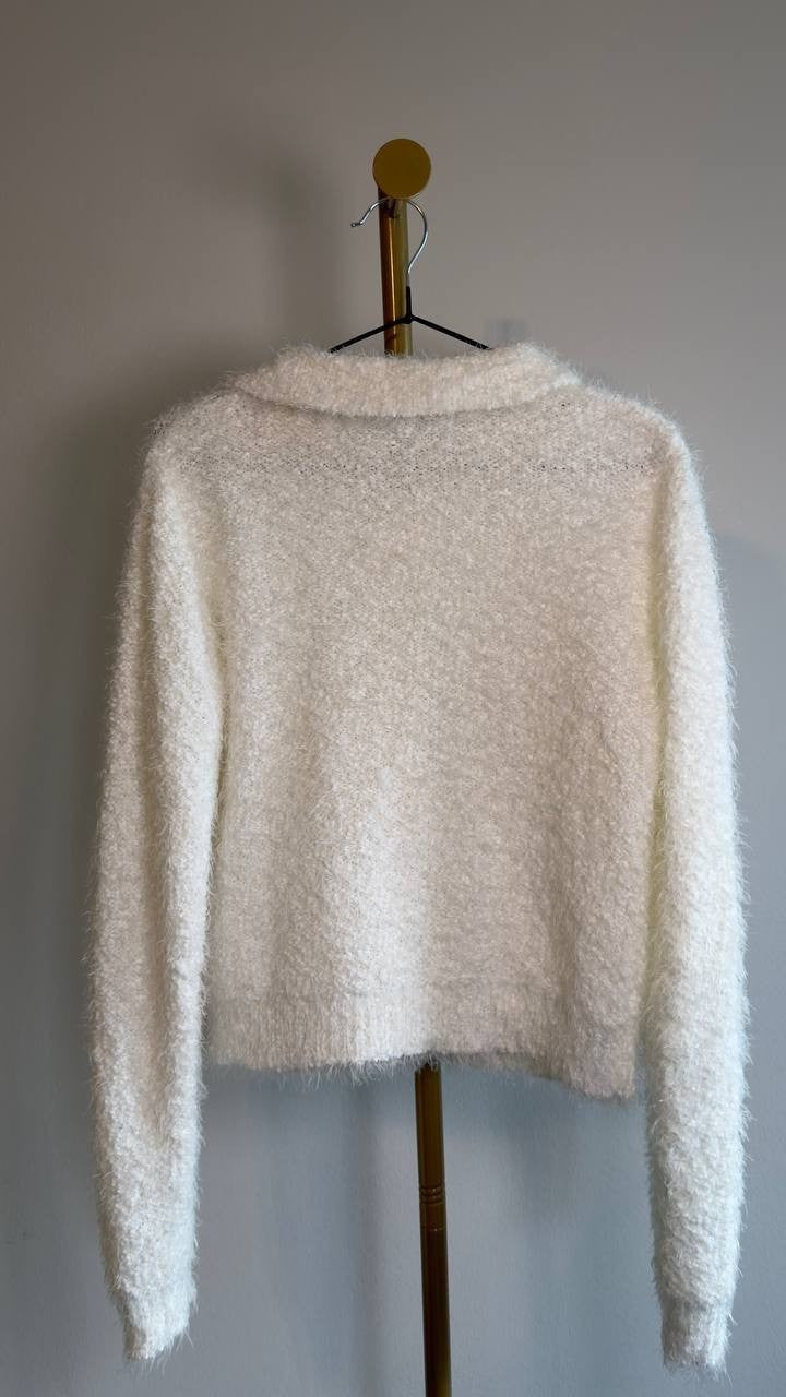 Hooked Up Fuzzy Zip-Up Collared Long-Sleeve Cardigan Spiritual Vanilla M NWT $45