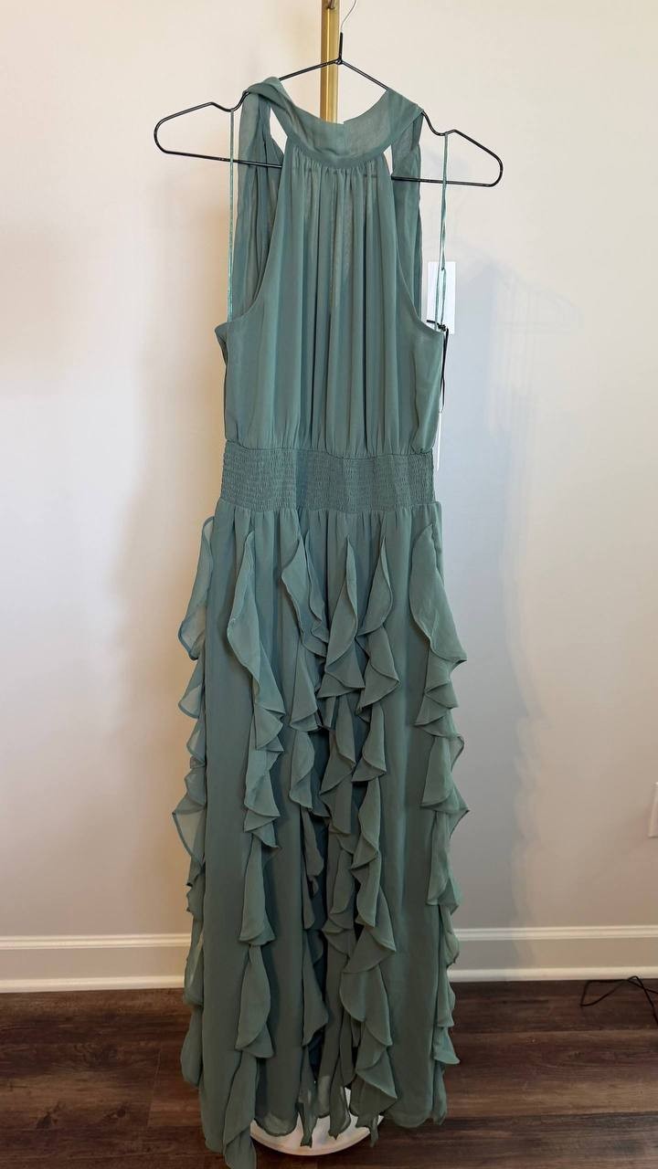 1.STATE Dark Forest Halter Neck Ruffle Maxi Dress Size S NWT Damaged Fabric