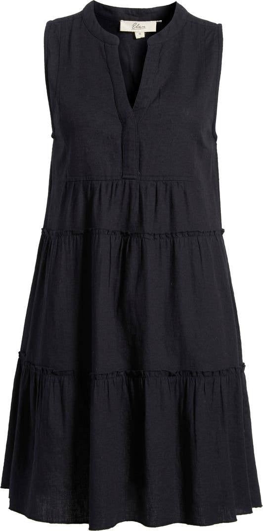Elan Tiered Cotton-Blend Cover-Up Dress, Black, XS, Sleeveless Beachwear