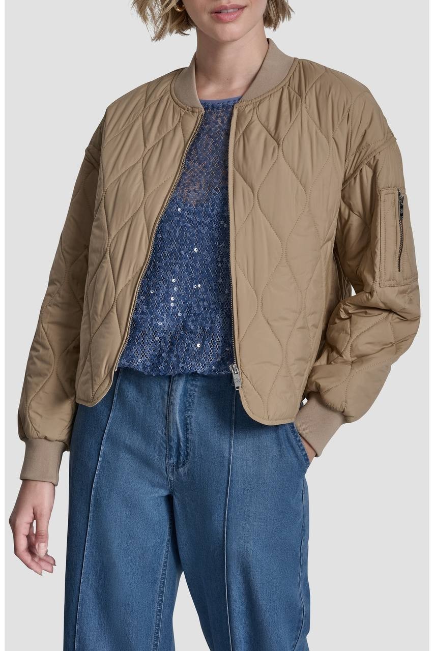 DKNY Quilted Bomber Jacket Travertine L NWT $149